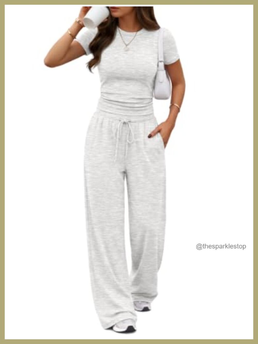 2 Piece Matching Lounge Set Wide Leg Pants Short Sleeve Top Pockets